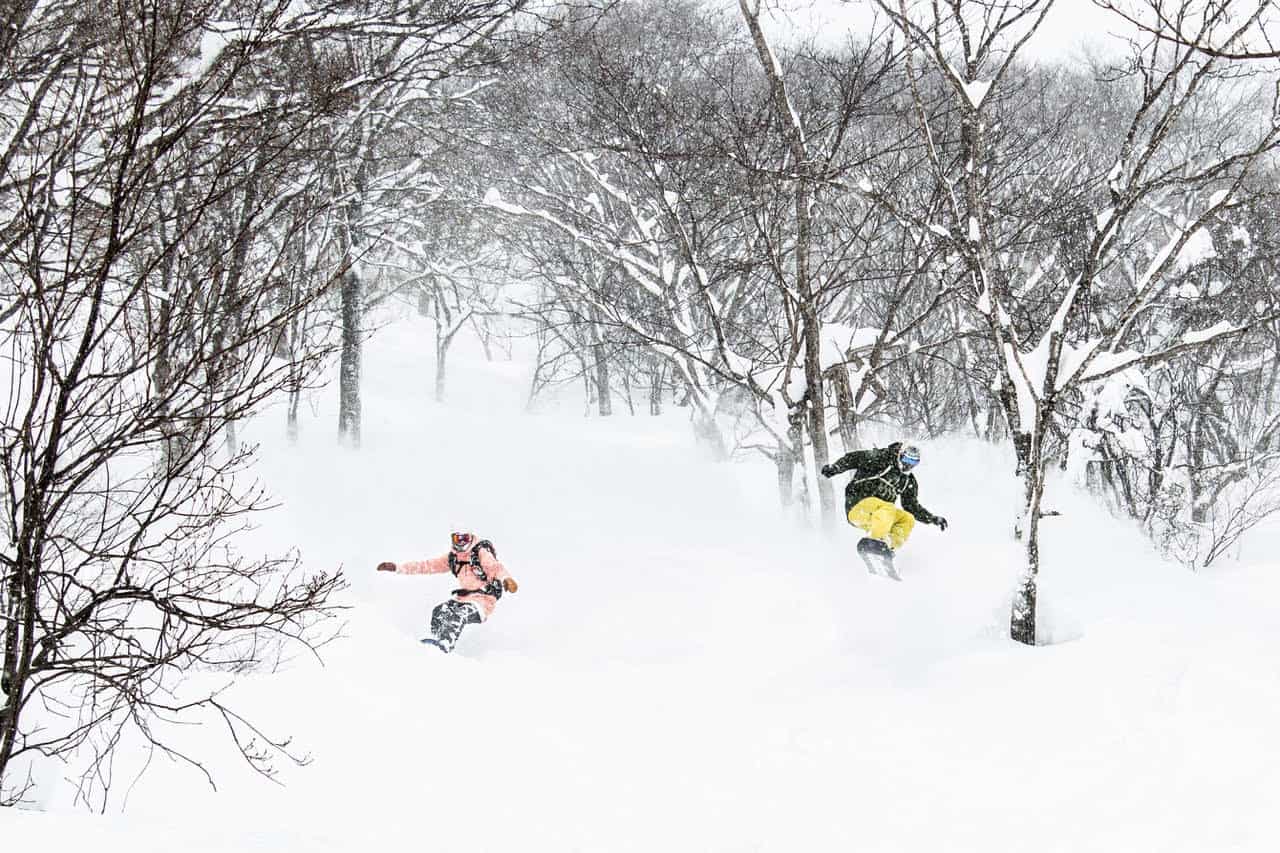 Skiers in Hakuba, Japan.